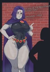 anonymous_male before_sex big_breasts breasts cape dc dc_comics dominant_female emo emotionless english english_text faceless_male female goth goth_girl grey_body grey_skin hips huge_breasts imminent_sex jewel jewel_on_forehead johnv leotard male milf milfification one-piece_swimsuit purple_eyes purple_hair rachel_roth raven_(dc) taller_girl teen_titans teenager text thick_legs thick_thighs thighs_thicker_than_head unseen_male_face