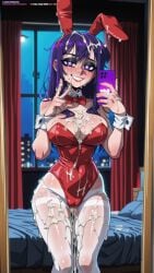 after_sex ai_generated animal_ears bare_shoulders bed blush bow bowtie breasts bukkake cellphone cleavage covered_navel cum cum_on_body cum_on_breasts cum_on_clothes cum_on_hair cum_on_legs curtains detached_collar double_v facial fake_animal_ears female grin hair_between_eyes heart heart-shaped_pupils holding holding_phone hoshino_ai indoors large_breasts leotard long_hair looking_at_viewer mirror moon night oshi_no_ko pantyhose phone playboy_bunny purple_eyes purple_hair rabbit_ears red_bow red_bowtie red_leotard selfie smartphone smile sofaxd3x solo strapless strapless_leotard symbol-shaped_pupils teeth torn_clothes torn_pantyhose v white_pantyhose window wrist_cuffs