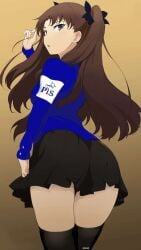 anime anime_girl anime_style armband ass ass big_ass big_ass_(female) black_skirt black_thighhighs blue_shirt brown_background brown_hair bunches female female_only hairbow high_thighs long_brown_hair long_hair looking_at_viewer looking_back manga manga_page manga_style pis serious serious_look socks soft standing standing_position thighs