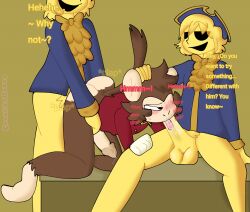 3boys anthro ass bad_anatomy blowjob blush canelitabunny clapping clapping_ass dark_deception dark_deception:_chapter_1 dark_deception:_chapter_2 furry gay gold_watchers haplorhine male monkey murder_monkey primate trio