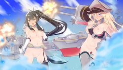 2girls battleship breasts female female_only gun multiple_girls nude partially_clothed ship tagme water