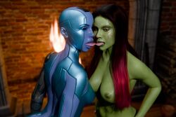 2girls 3d areolae bald_female bare_breasts black_eyes blender blue_skin breasts enigmaj female female_focus female_only gamora green_skin looking_at_viewer marvel marvel_comics mcu naked_female nebula_(marvel) nipples red_hair tongue tongue_out tongues_touching
