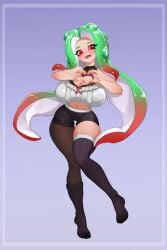1girls big_breasts blush blush blushing_at_viewer breasts buttons cleavage cleavage_window fangs full_body green_hair legwear light-skinned_female light_skin little_blood long_hair looking_at_viewer midriff navel nintendo octoling octoling_girl open_mouth perotako_chan_(nobunagapero) red_eyes red_hair shorts simple_background smile smiling smiling_at_viewer solo splatoon splatoon_(series) thigh_gap two_tone_hair