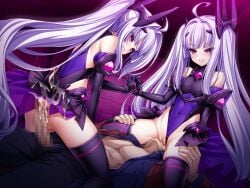 1boy 2girls ahoge amakubo_kaede amakubo_yuri ass bare_shoulders black_gloves breasts buttjob censored clothing_aside covered_navel cowgirl_position cum cum_on_ass cum_on_body cum_on_clothes cunnilingus dark_persona elbow_gloves ffm_threesome game_cg gloves grin grinding group_sex hair_intakes hair_ornament highleg highleg_leotard holding_hands inoino interlocked_fingers jacket kouyoku_senki_exs-tia large_variant_set layered_skirt leotard leotard_aside long_hair mosaic_censoring multiple_girls naughty_face non-web_source official_art oral penis ponytail purple_background purple_leotard pussy pussy_juice red_eyes rextia_lili rextia_mei sex shihou_souma shimaidon_(sex) showgirl_skirt siblings sisters sitting sitting_on_face sitting_on_person skirt small_breasts smile straddling straight thigh_grab thighhighs thong_leotard threesome twintails variant_set very_long_hair white_hair