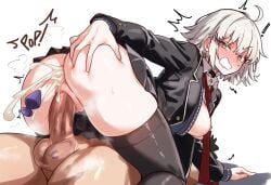 ! 1boy absurdres ass balls black_jacket black_skirt black_thighhighs blazer blush breasts butt_plug clothed clothed_female_nude_male clothing commentary cowgirl_position cum cum_from_ass cum_in_ass cum_inside ebora fate/grand_order fate_(series) female female_penetrated fujimaru_ritsuka_(male) grabbing_own_ass grey_hair highres jacket jeanne_d'arc_alter_(fate) large_breasts lipstick_mark lipstick_mark_on_testicles long_sleeves male male/female male_penetrating male_penetrating_female necktie no_panties nude official_alternate_costume penis pseudo-tokyo_school_uniform pussy red_necktie school_uniform sex sex_toy shirt short_hair skirt straddling straight testicles thighhighs uncensored vaginal_penetration white_background white_shirt yellow_eyes