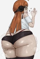1girls ass_focus big_ass cooly fellatio_gesture grabbing_own_ass headphones huge_ass looking_back orange_hair persona persona_5 sakura_futaba shorts skindentation stockings thick_thighs tight_clothing tongue_out