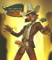 2025 anthro balls belt big_balls big_penis blush bodily_fluids bottomless bottomless_anthro bottomless_male bouncing_penis canid canine canis cattrbox chaps claws clenched_teeth clothed clothing collared_shirt cowboy_hat cowboy_outfit dialogue dreamworks english_text erection eyebrows eyewear facial_hair foreskin fur genital_fluids genitals glans glasses hat headgear headwear hi_res humanoid_genitalia humanoid_penis interrobang jacket looking_at_genitalia looking_at_own_penis looking_at_penis looking_at_self looking_down male mammal motion_lines moustache mr._wolf_(the_bad_guys) neckwear offscreen_character open_clothing open_jacket open_topwear penis precum precum_string pubes saggy_balls shirt simple_background solo standing suit_jacket sweat sweatdrop teeth text the_bad_guys thick_penis topwear tuft uneven_balls unretracted_foreskin unwanted_erection wolf