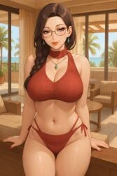 ai_generated bikini braided_hair chatgpt female furniture glasses knitted_sweater milf necklace ocean office_lady palm_tree resort rgomez007 stable_diffusion turtleneck