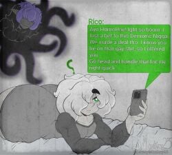 ass big_ass bottom_heavy demon demonkingdaemon femboy green_eyes hair_over_eyes hair_over_one_eye horns j.monkey23 on_bed phone pointy_ears portal purple_hair question_mark revvie_(j.monkey23) text text_box white_hair wide_hips