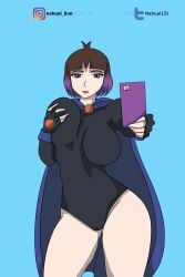 big_thighs black_hair black_leotard blue_cape breast_grab breasts cape cosplay fingerless_gloves gloves hilda_(series) huge_breasts kaisa_(hilda) large_breasts leotard looking_at_viewer nahual13 pale-skinned_female pale_skin purple_hair raven_(cosplay) selfie skin_tight skintight skintight_clothes skintight_clothing skintight_suit smartphone two_tone_hair