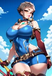 1girls adapted_costume ai_generated bare_shoulders battle_bimbo belt belt_buckle big_ass big_breasts bimbo bimbo_body bimbo_lips bimbofication bimbofied blush boots breasts brown_hair cameltoe chest_jewel choker cloud clouds collarbone core_crystal covered_navel cuffs female genderswap_(mtf) gloves hand_on_sword hip_cutout holding holding_object holding_weapon huge_breasts legs_together leotard long_eyelashes multiple_belts novelai rex_(xenoblade) rule_63 rule_63 shiny_skin short_hair sidelocks simple_background single_detached_sleeve single_elbow_glove smile smirk solo solo_female sword tgm101_(artist) thick_lips thick_thighs thigh_boots thin_waist turning_head vest weapon wide_hips xenoblade_(series) xenoblade_chronicles_(series) xenoblade_chronicles_2 yellow_eyes