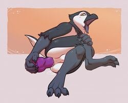 2018 anal anal_sex anthro avian balls bird dildo fuzzamorous lube lying male male_only masturbation napoleon_(underscore-b) nude on_side original original_character penetration puffin sex_toy solo tongue tongue_out