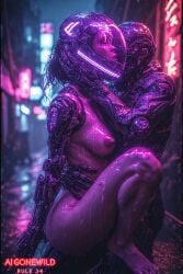 ai_generated breasts cybernetic_arm cybernetic_limb cybernetics cyberpunk cyberpunk_2077 neon_lights pussy sexy_pose vagina