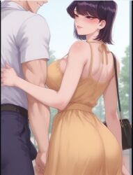 1boy 1girls ai_generated chanquazz cheating_(relationship) cheating_girlfriend dress female half-closed_eyes hand_on_another's_arm komi-san_wa_komyushou_desu komi_shouko lips male milf muscular muscular_male naughty_face ntr purple_hair short_hair side_view size_difference yellow_dress