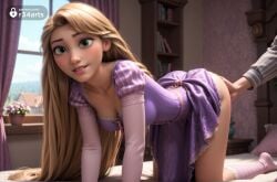 1boy 1boy1girl 1girls ai_generated all_fours artist_name ass ass_grab bed blonde_hair blurry breasts cleavage clock clothes_lift collarbone curtains day disney disney_princess dress female fingering flower green_eyes hi_res indoors lips long_hair long_sleeves male medium_breasts nose on_bed parted_lips pillow potted_plant puffy_short_sleeves puffy_sleeves purple_dress r34arts rapunzel rapunzel_(tangled) short_sleeves socks solo_focus straight tangled very_long_hair white_socks window