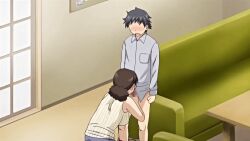 1boy 1girls 2020 20s age_difference animated cheating_(relationship) fellatio female helping hitozuma_mitsu_to_niku housewife male masturbation mature_female obasan_(hitozuma_mitsu_to_niku) older_female_and_younger_male oral queen_bee_(animation_studio) standing tagme teaching vest yukio_(hitozuma_mitsu_to_niku)