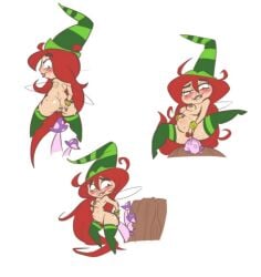 ahoge blush breasts female full-face_blush hat leaf long_hair nose_blush nude plant plant_girl potted_plant red_hair striped striped_legwear thighhighs vines