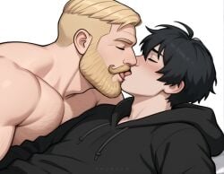 2boy 2d age_difference ai_assisted bara beard black_hair blonde_hair body_hair char:yes_chad_(meme) closed_eyes couple doomer_boy duo facial_hair french_kiss hairy human kiss kissing male male_focus male_only muscular muscular_male nordic_chad size_difference thumosx tongue twink wojak_comics