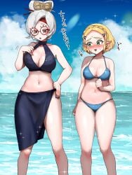 2girls :3 adjusting_clothes adjusting_swimsuit alternate_costume bikini black_bikini black_sarong blonde_hair blue_bikini blue_sky blush braid breasts cleavage commentary_request crown_braid day feet_out_of_frame female green_eyes hair_ornament hair_stick hand_on_own_hip highres horizon large_breasts looking_at_another medium_breasts multiple_girls navel nintendo ocean open_mouth outdoors pointy_ears princess_zelda purah sarong sheikah short_hair sky standing stomach swimsuit the_legend_of_zelda the_legend_of_zelda:_tears_of_the_kingdom translation_request wasabi_(legemd) white_hair