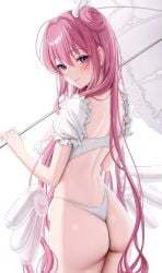 1girls absurdres ass bikini blush butt doenji_(auto7233) dorothy_(nikke) dorothy_(serendipity)_(nikke) female female_only from_behind goddess_of_victory:_nikke highres holding holding_umbrella long_hair looking_at_viewer looking_back parasol pink_hair purple_eyes simple_background smile solo solo_female swimsuit umbrella white_background white_bikini