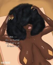 1girls afro areolaes big_breasts breasts dark-skinned_female dark_skin desiree_(trich00art) female hair_over_eyes imminent_hairjob large_breasts long_fingernails lying_on_back original pasties trich00art