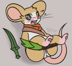 2018 anus big_ears blush bondage bondage bound digital_media_(artwork) female feral fur invalid_tag mammal melee_weapon moss_(game) mouse nulloffset open_mouth pussy quill_(moss) rodent rope scarf simple_background slightly_chubby solo sword thick_thighs tiny_feet video_games weapon