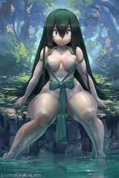 1girls abs belly big_breasts black_eyes breasts cleavage cutesexyrobutts feet female female_only forest green_hair human loincloth long_hair looking_at_viewer my_hero_academia navel no_panties outdoors ribbon sideboob sitting solo text thick_thighs tsuyu_asui very_long_hair water watermark wide_hips