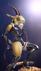 absurd_res antelope anthro armwear blonde_hair bodily_fluids bondage boots bovid clothing collar disney dominant dominant_female duo elbow_gloves felid feline female footwear gazelle gazelle_(zootopia) gloves hair handwear hi_res high_heeled_boots high_heels horn kneeling latex male male/female mammal nastya_tan pantherine predator/prey shoes submissive submissive_male thomson's_gazelle tiger true_antelope whip zootopia