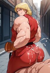 ai_generated ass bara big_ass big_ass_(male) big_butt bubble_butt buttjob buttjob_over_clothes clothed_male_nude_male cum cum_on_ass dudebooty17 gay having_fun karate_gi ken_masters male male_only public_sex smirking street_fighter