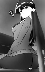 ass bangs black_hair black_legwear blush breasts chalkboard closed_mouth desk female from_behind greyscale heart hime_cut houraisan_kaguya indoors large_breasts long_hair looking_at_viewer looking_back medium_breasts miniskirt monochrome no_bra pantyhose pleated_skirt sideboob sitting skirt solo sweater very_long_hair