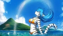 1girls ai_generated anthro beach bikini blue_hair breasts chest_tuft closed_eyes deviantart ear female furry gender_transformation genderswap genderswap_(mtf) island keidran long_hair medium_breasts moving_hair mtf_transformation naked naked_female nude nude_female ocean orange_bikini original_version pink_nose rule_63 smile species_transformation splashing splashing_water standing_in_water striped_body striped_fur striped_tail swimming swimsuit swimwear tail tiger tiger_girl tiger_trace tom_fischbach trace_legacy transformation twokinds water wet_body wet_fur wet_hair white_body white_fur