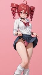 1girls ahoge ai_generated big_breasts blouse blush blush breasts choker clothed clothed_female clothing exhibitionism exposed_panties female female_only flashing flashing_panties fully_clothed granat_ai kasane_teto large_breasts lips lipstick nail_polish neck_ribbon painted_nails panties partially_visible_vulva pink_background pink_nails plump plump_thighs red_eyes red_hair school_uniform schoolgirl shiny_skin shirt simple_background skirt skirt_lift slim_waist socks solo solo_female string_panties thick_thighs thighs twin_drills utau vulva wide_hips