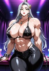 ai_generated bikini blonde_hair chains civitai cleavage female grey_hair light_skin long_hair muscles muscular nightclub original pole revealing_clothes sae_niijima solo solo_focus