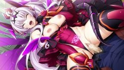 1boy abystia_dragoon black_tiara blush breasts breasts_out bright_pupils censored closed_eyes clothing_aside corruption covered_navel cowgirl_position cum cum_in_pussy dark_persona detached_sleeves dutch_angle energy_wings female game_cg gloves glowing glowing_tattoo headgear horns inoino kouyoku_senki_exs-tia large_breasts large_variant_set leotard leotard_aside long_hair mosaic_censoring nipples non-web_source official_art open_mouth penis pointy_ears ponytail pubic_tattoo pubic_tattoo_through_clothing purple_wings pussy red_leotard rieszverne_suzette_paladill sex slit_pupils smile solo_focus straight tail tattoo thighhighs tiara vaginal_penetration variant_set very_long_hair white_hair white_pupils wings
