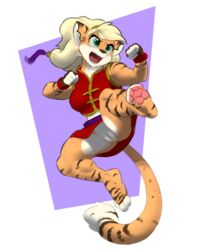 2018 action_pose anthro anus blonde_hair clothing feline female fur gloves green_eyes hair halter_top hi_res kick mammal midriff nipple_bulge no_underwear open_mouth pose pussy simple_background solo spotty_the_cheetah spread_legs spreading striped_fur stripes tiger upskirt