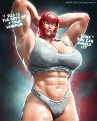 abs armpits arms_behind_head artist_name blush breasts breath cleavage english_text female green_eyes heart highres large_breasts looking_at_viewer marisa_(street_fighter) mika_dawn muscular muscular_female patreon_username pubic_tattoo red_hair short_hair solo street_fighter street_fighter_6 tank_top tattoo