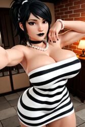 3d 3d_(artwork) ai ai_generated big_ass big_breasts black_hair black_lipstick busty dress female lipstick radnsad solo solo_female solo_focus thick_thighs