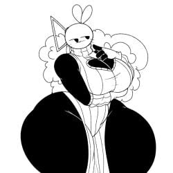 arm_under_breasts big_breasts black_body boob_window dreamchy(mr_dreamcatch_er) gloves huge_breasts huge_thighs monochrome mrdreamcatch_er omegabrawl thick_legs thick_thighs tied_hair wide_hips