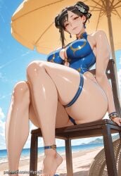 ai_generated alternate_version_at_source beach bikini blue_bikini breasts brown_hair chun-li chun-li_(street_fighter_6) female hypet low-angle_view medium_breasts shiny shiny_skin sitting street_fighter street_fighter_6 tagme thick thick_ass thick_legs thick_thighs thighs wet