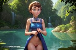 1girls ai_generated artist_name bare_arms bare_shoulders blue_dress blue_eyes braid breasts brown_hair clothes_lift cowboy_shot day detached_collar disney dress dress_lift female freckles frozen_(film) frozen_2 hi_res iduna iduna_(frozen) jewelry lifted_by_self lips looking_at_viewer nature navel no_panties nose outdoors progenarts pussy short_hair sleeveless sleeveless_dress small_breasts smile solo standing tiara tree uncensored water waterfall web_address