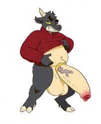 anthro balls belly big_balls big_belly caprine clothing cock_ring goat half-erect horn huge_balls humanoid_penis hyper hyper_balls hyper_penis looking_at_viewer male male_only mammal penis serex slightly_chubby smile solo standing sweater uncut vein