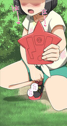 1girls black_hair blush clothed female female_only grass heart holding human human_only japanese_text masturbation mizutenka nintendo outdoors pokemon pokemon_sm rotom_pokedex selene_(pokemon) selfie shadow shirt shoes shorts solo spoken_heart spread_legs spreading squatting sweat text