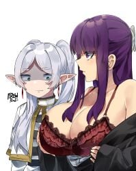 2girls absurdres artist_name black_coat blunt_bangs bra breast_envy breasts capelet cleavage closed_mouth coat commentary earrings elf female fern_(sousou_no_frieren) firewpood frieren girl_staring_at_guy's_chest_(meme) gold_trim green_eyes highres jewelry lace lace-trimmed_bra lace_trim large_breasts long_hair looking_at_breasts multiple_girls off_shoulder pointy_ears purple_eyes purple_hair red_bra shaded_face shirt simple_background sousou_no_frieren striped_clothes striped_shirt teacher_and_student twintails underwear undressing upper_body white_background white_capelet white_hair