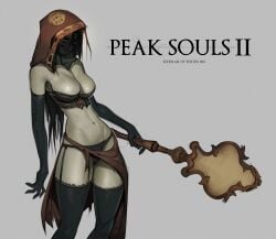 big_breasts black_gloves black_hair black_legwear black_panties black_thighhighs breasts bustier cleavage dark_souls dark_souls_2 desert_sorceress elbow_gloves female female_only fromsoftware garter_straps gloves hood hood_up john_fox lace-trimmed_thighhighs long_hair pale-skinned_female pale_skin panties solo stockings thick_thighs thighhighs veil wide_hips