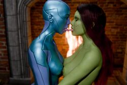2girls 3d areolae bald_female bare_breasts blender blue_skin breasts closed_eyes closed_eyes enigmaj female_focus female_only gamora green_skin marvel marvel_comics mcu naked_female nebula_(marvel) nipples red_hair tongue tongue_out tongues_touching