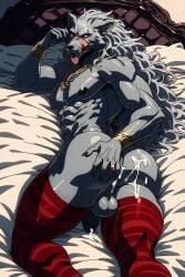 abs ahe_gao ai_generated anthro arched_back ass_grab balls blaidd_(elden_ring) canid canine canis cum cum_on_ass cum_on_balls dick elden_ring furry gay gay_furry gold_jewelry grey_fur hand_on_ass laying_on_bed looking_at_viewer male pecs penis red_stockings tounge_out wolf yeetboy67