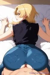 1boy 1girls 2:3 ai_generated blonde_hair clothed_female_nude_male crotchless crotchless_clothes crotchless_pants denim doggy_style female jeans jujutsu_kaisen light-skinned_female light-skinned_male light_skin looking_at_viewer looking_back male male/female naked no_sound pants sex_from_behind shorter_than_10_seconds straight tagme v vertical_video video yuki_tsukumo