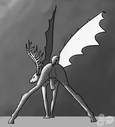 anthro antlers anus ass backsack balls cervine demon fizzpop furfur greyscale hi_res horn male male_only mammal monochrome nude penis presenting rear_view simple_background solo wings