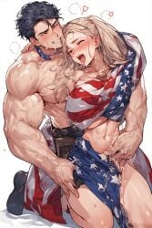 ahe_gao ai_generated american_flag blush blushing_female cum_in_pussy cum_inside female fingering fingers implied_penetration implied_sex male moaning muscular muscular_male pussy pussy_juice shirtless