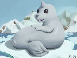 2023 beady_eyes blue_sky clitoral_hood day detailed_background dewgong digital_media_(artwork) digital_painting_(artwork) fangs female female_feral fennelseed feral flippers full-length_portrait generation_1_pokemon genitals glacier grey_nose hi_res horn looking_at_viewer lying marine mountain nintendo on_side open_mouth outside painting_(artwork) pokemon pokemon_(species) portrait sea shadow sky snow solo teeth vulva water
